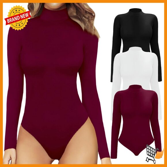 Women's Mock Turtle Neck Long Sleeve Bodysuit - Rayon Blend - Snap Closure